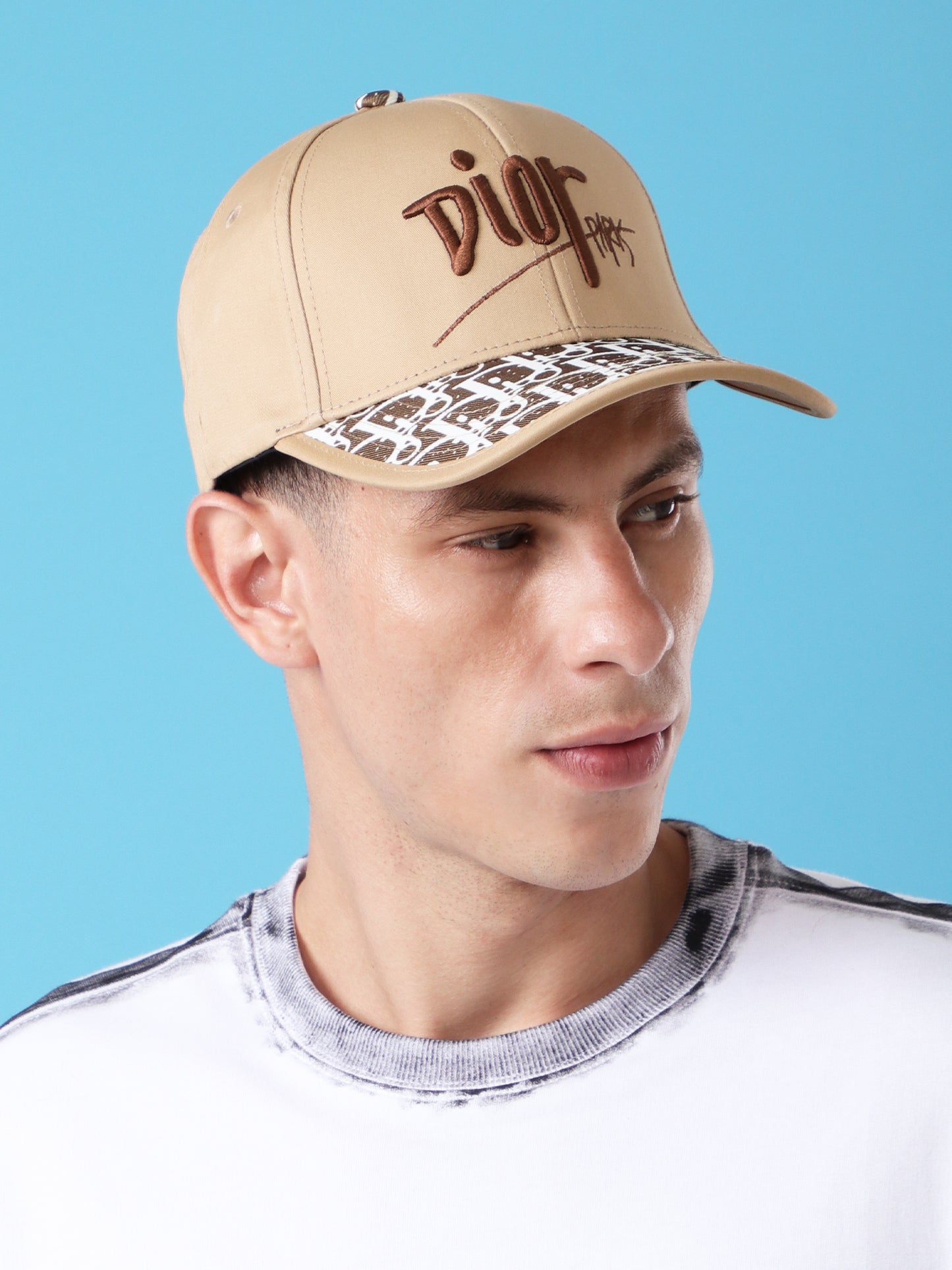 Beige Baseball Cap with Contrast Logo and Monogram Visor
