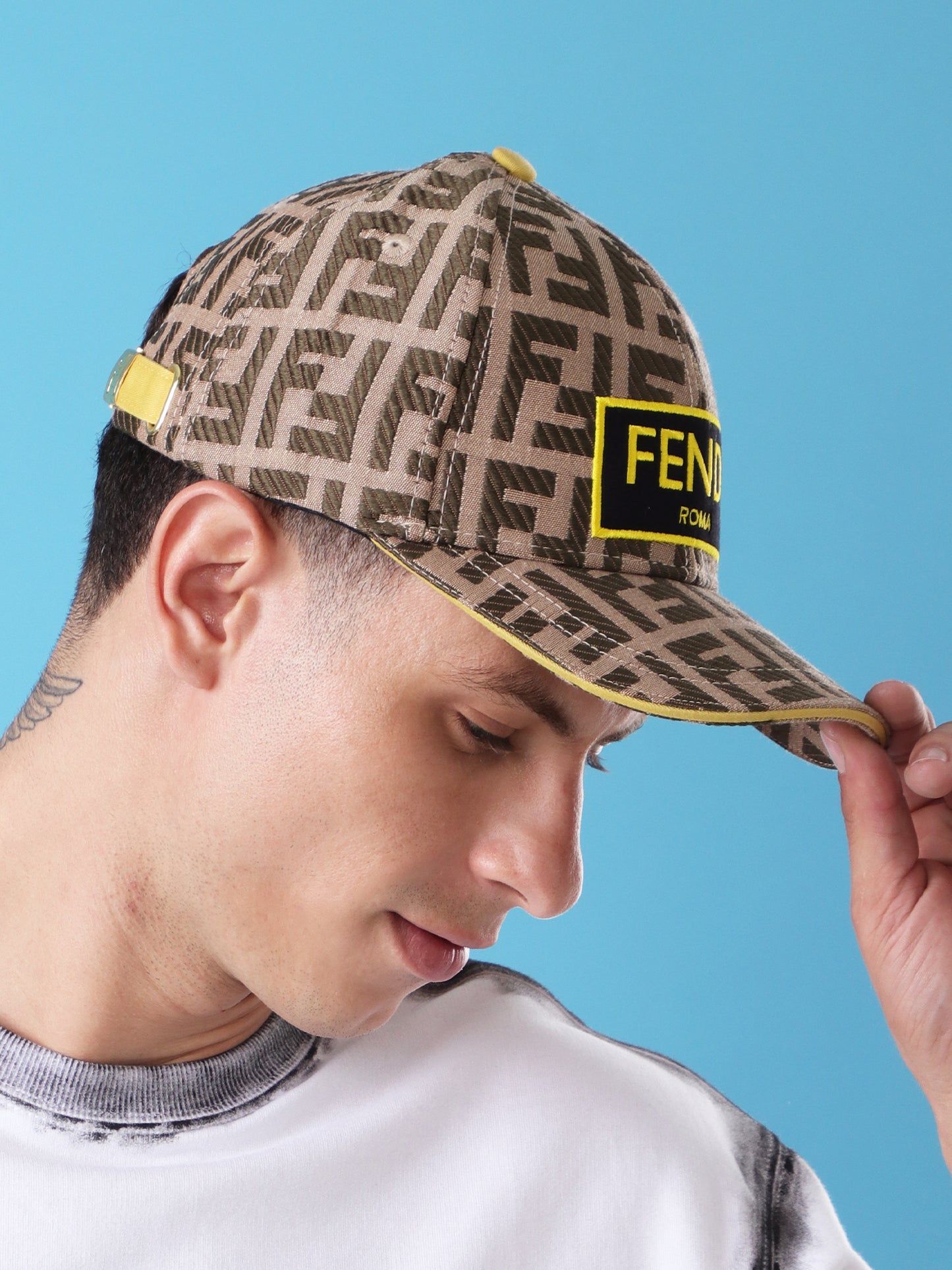 Roma Monogram Print Baseball Cap with Yellow Logo Patch