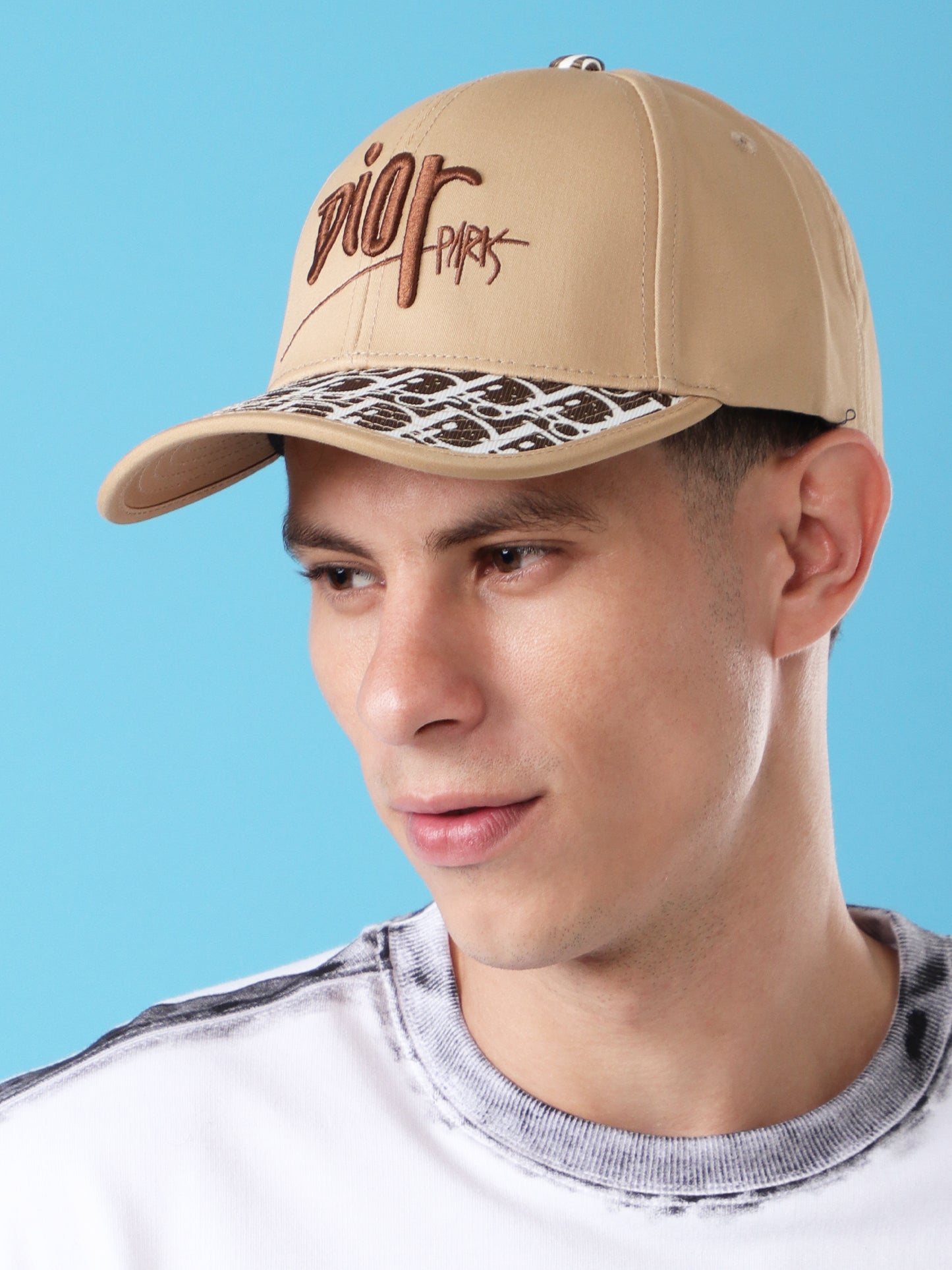 Beige Baseball Cap with Contrast Logo and Monogram Visor