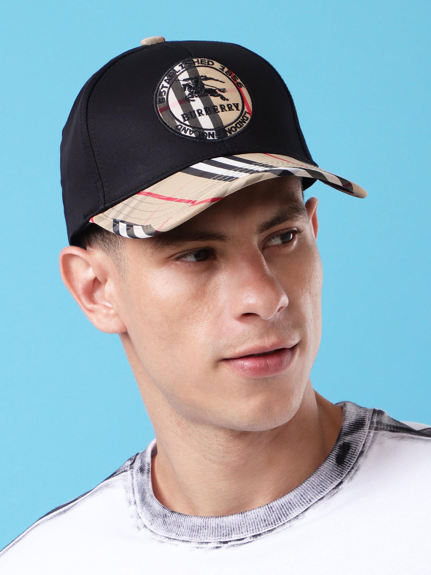 Black Check Baseball Cap with Equestrian Knight Logo Patch