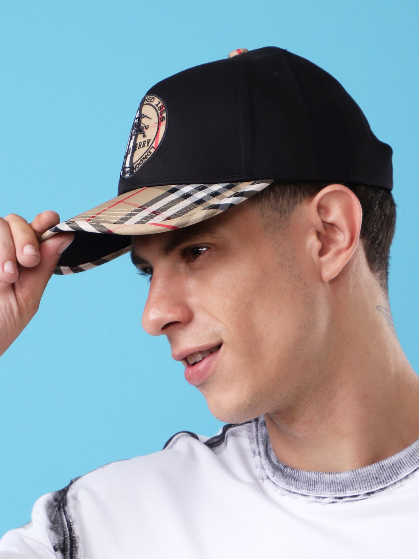 Black Check Baseball Cap with Equestrian Knight Logo Patch