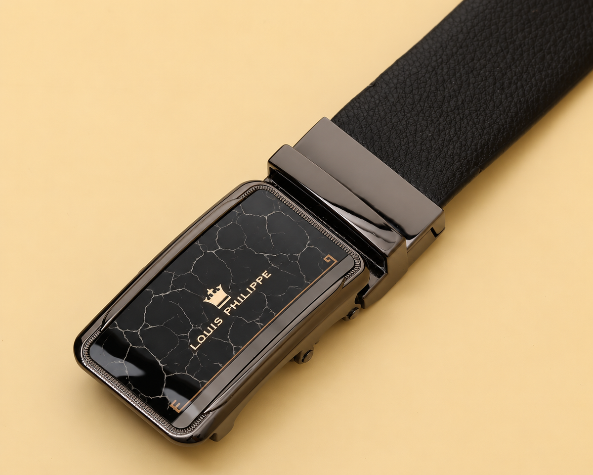 Philippe Reversible Black Leather Belt with marble  Buckle